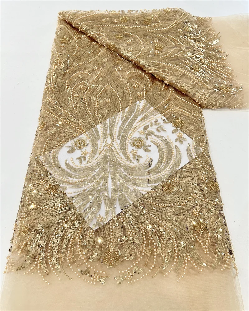 

2025 Luxury African Groom Beaded Lace Fabric Embroidery French Mesh Sequins Lace Fabric Nigerian Tulle Lace For Bride Wedding