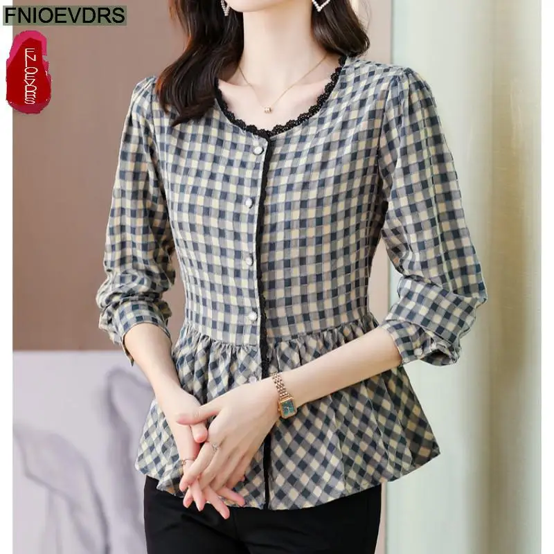 S-3XL 2023 Women Fall Autumn Elegant Office Lady Work Button Plaid Shirt Casual Slim Ruffles Tunic Peplum Tops And Blouses