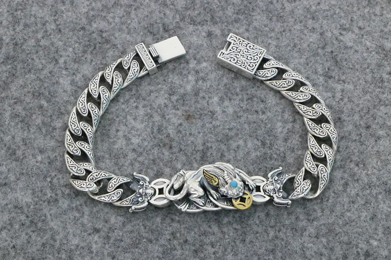 China-Chic senior sense domineering mythical wild animal bracelet sterling silver men's street hip-hop retro Thai silver handsom