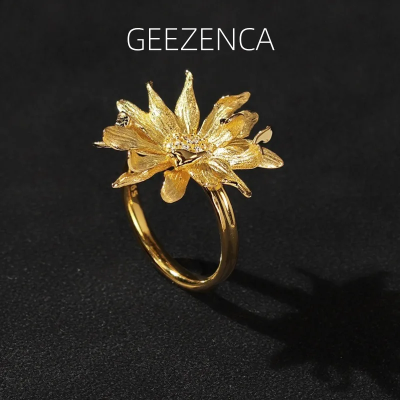

GEEZENCA стерлингового серебра 925 пробы с кубическим цирконием 3D цветок ромашки открытые кольца для женщин эстетическое изящное регулируемое массивное кольцо подарок