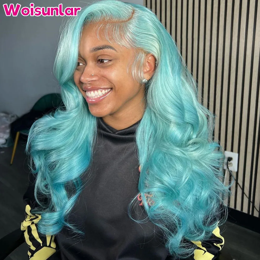 Ombre Light Green and Ombre Blue Wig Human Hair For Women 613 Body Wave Brazilian 13x4 Transparent lace Frontal Wig For Women