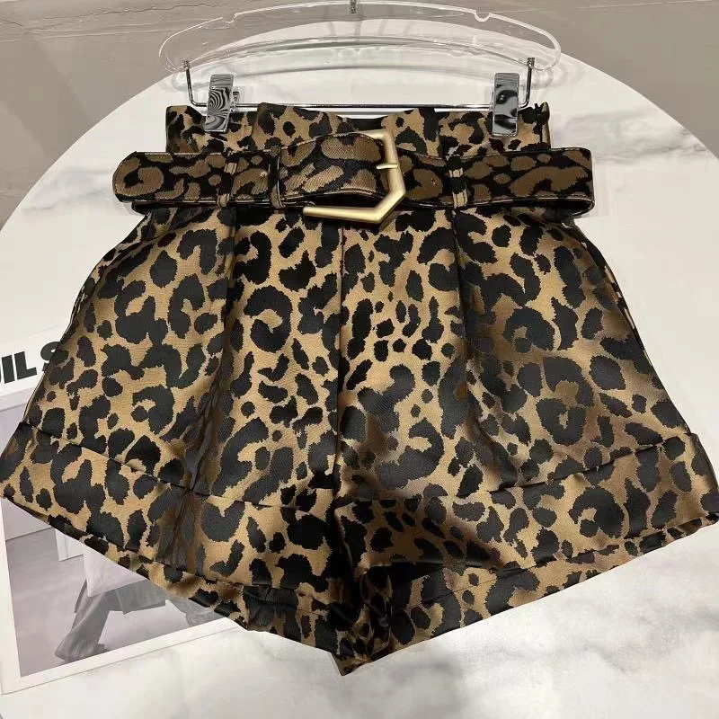 Girls Spring Autumn New High Waist Elastic Shorts Korean Children Wide Leg A-line Shorts Fashion Leopard Pattern Suit Hot Pants