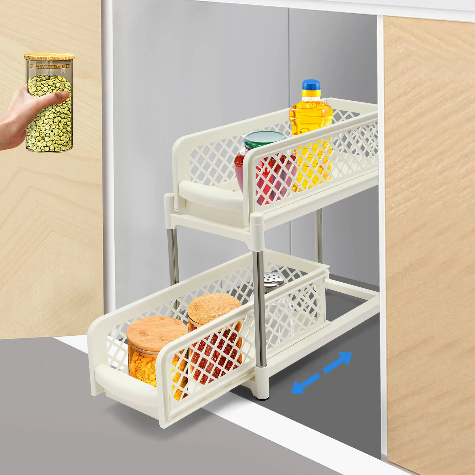 

2-Tiers Pull Out Cabinet Organizer Kitchen Stand Drawer White Under Sink Organizer