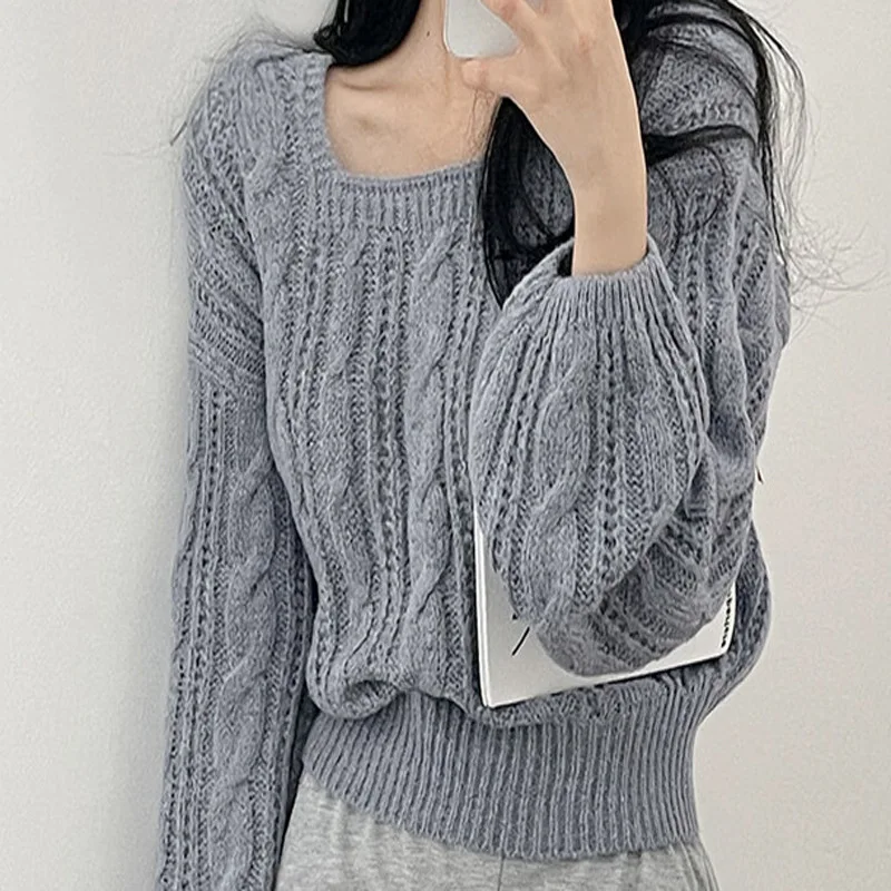 Einfarbiger Pullover im koreanischen Stil für den Winter, neuer schicker, fauler Stil, Laternenärmel, quadratischer Kragen, langärmeliger Strickpullover
