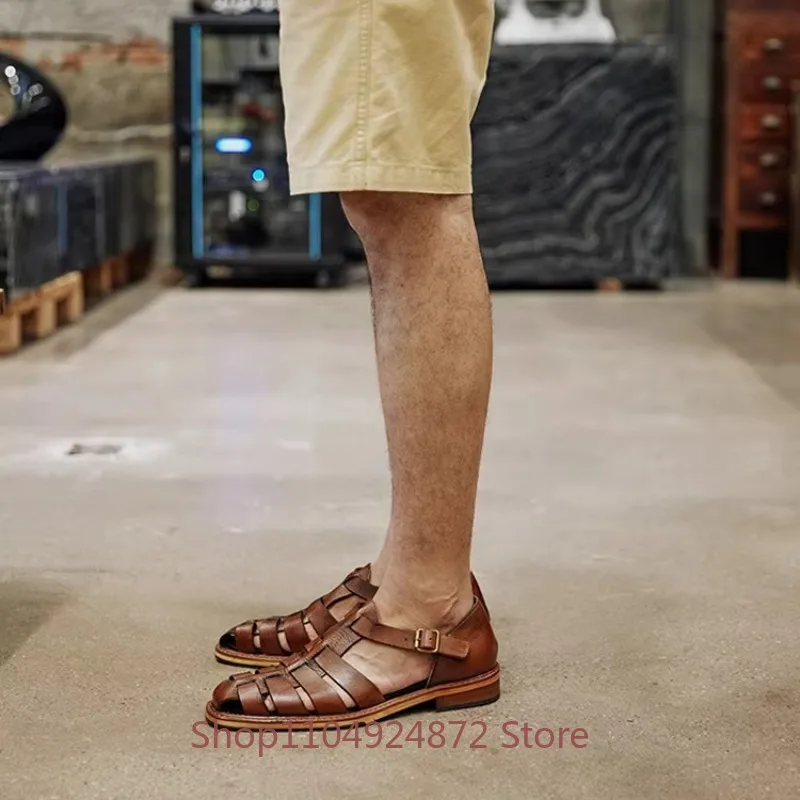 

Designer Men's Genuine Leather Sandals Youth Fashion Hollow Out Woven Business Brown Cowhide Roman Sandals Summer Shoes Male
