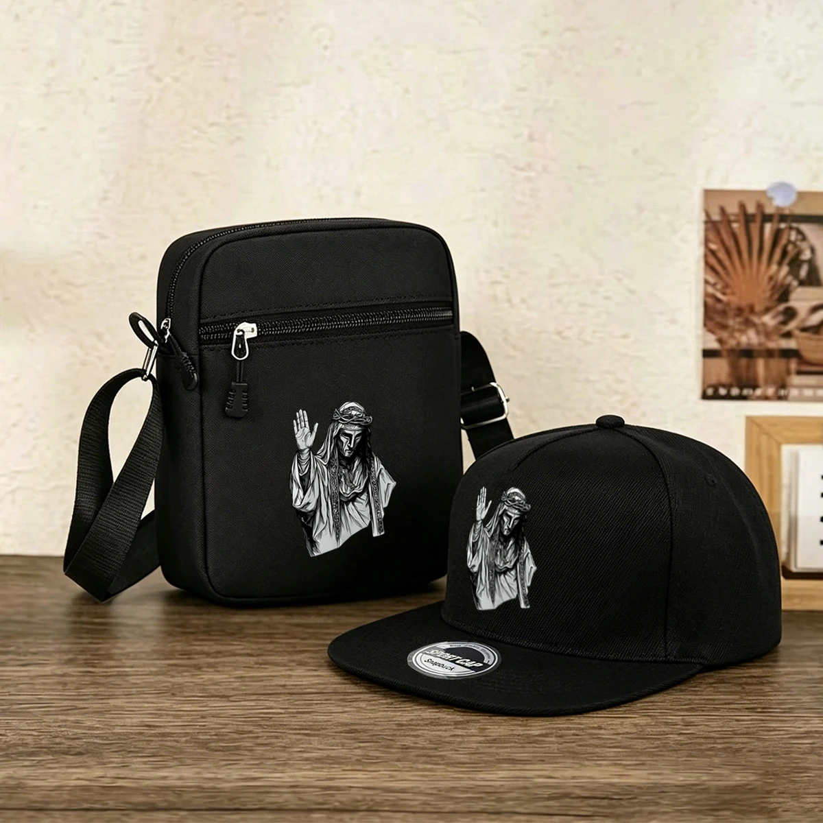 2pcs Gothic Print Baseball Cap&Crossbody Bag Set-Snapback Hat-Baseball Cap-Streetwear Style,Casual Wear-Urban Fashion Accessory