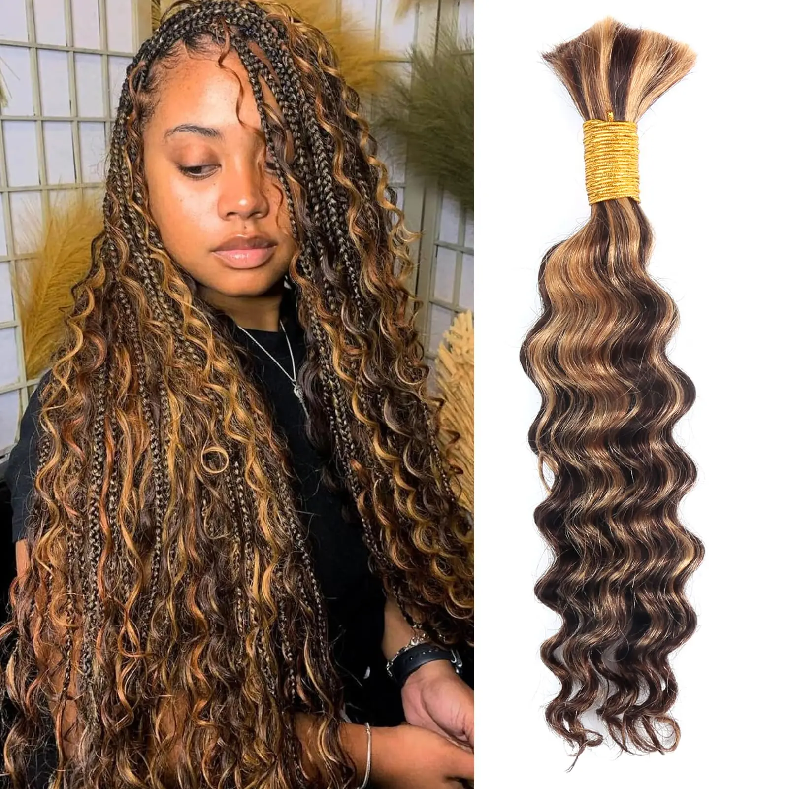 Human Braiding Hair  Bundle for Braiding Highlight Color Deep Wave Bulk Human Hair Bundles Human Hair Bulk for Braids Bundle