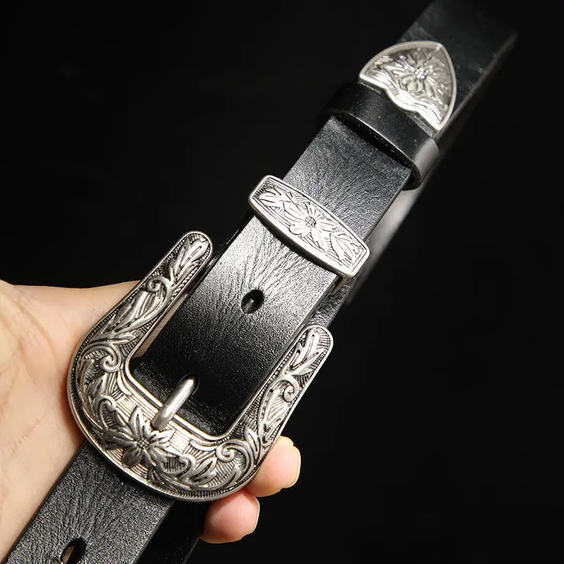 Vintage Metal Carved Buckle Top Layer Leather Belt for Women Genuine Leather Jeans Waist Belt Adjustable Decorative Accessory