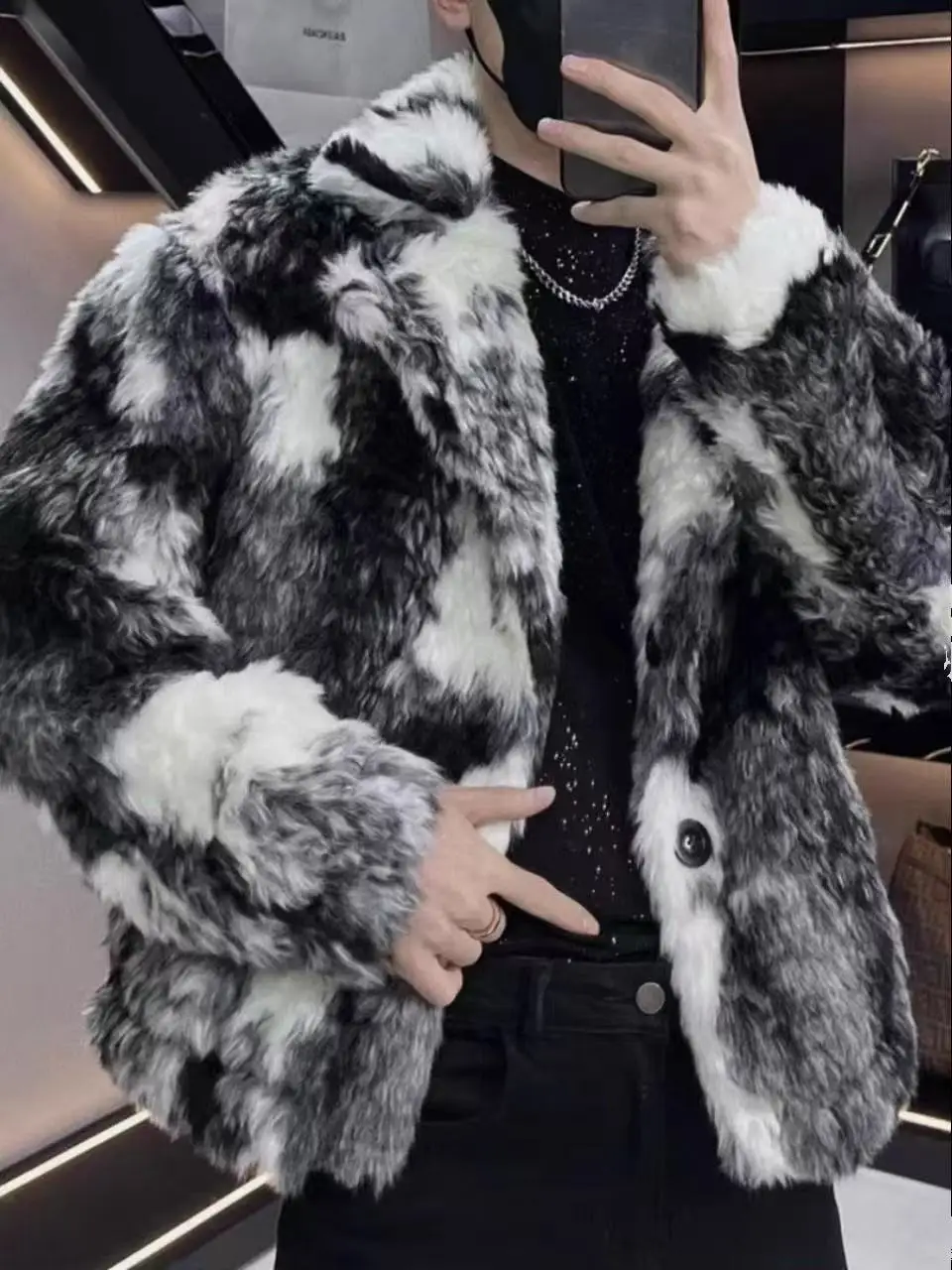 2025 New Winter Thicken Tops Men's Artificial Fox Plush Fur Light Luxury Street Fashion Coat Male Suit collar Fur Overcoat