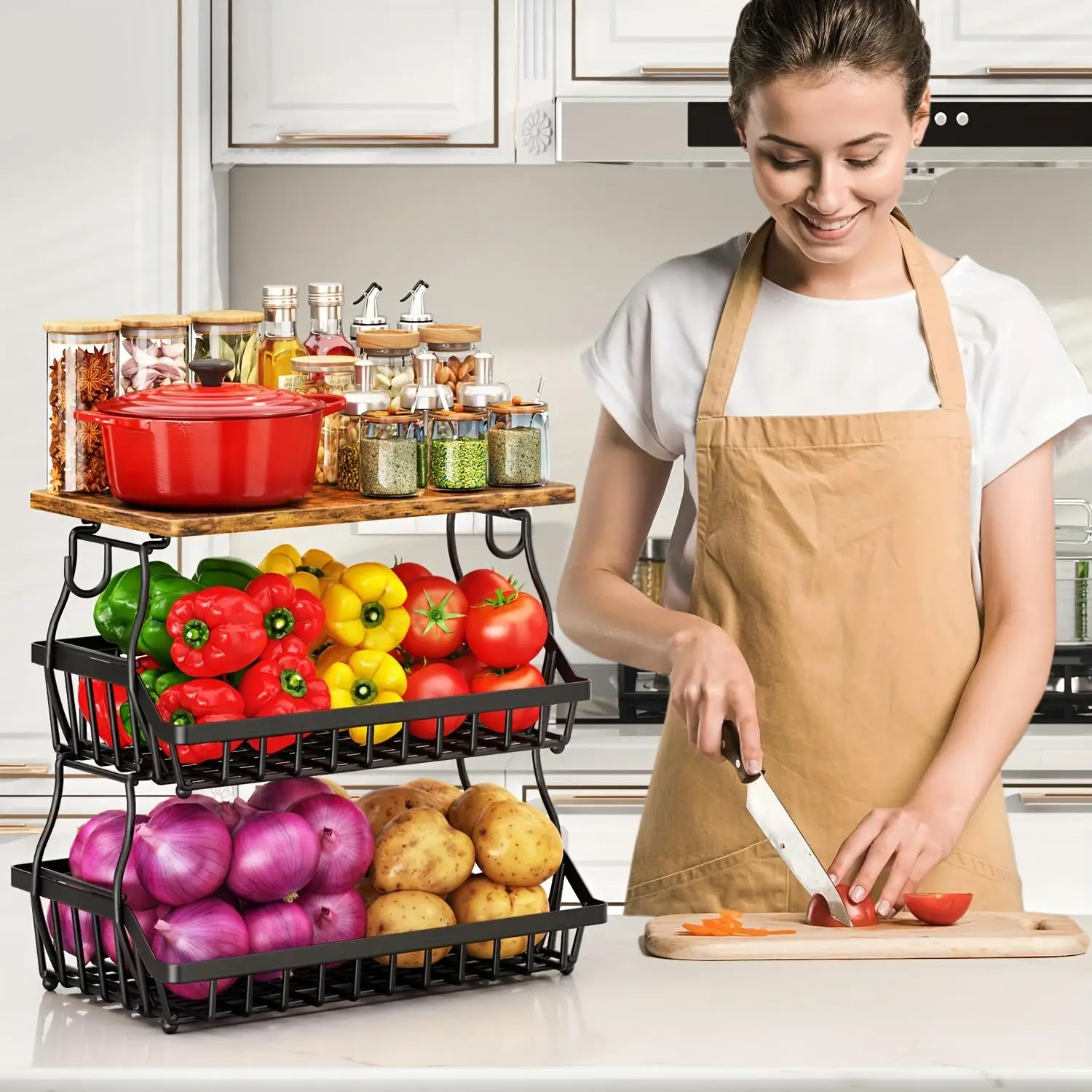 3 Tier Metal Wire Fruit Vegetable Basket Kitchen Storage Cart Freestanding Produce Organizer Rack for Onion Potato Pantry Utility Floor Shelf Display Bowl Black view 4