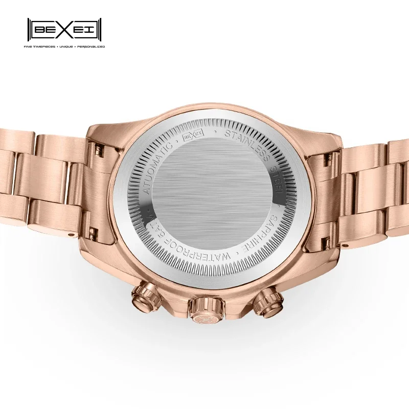 BEXEI 2025 5ATM Arcobaleno Lunetta in cristallo Zirconi Quadrante Movimento Orologio meccanico Zaffiro di lusso Impermeabile