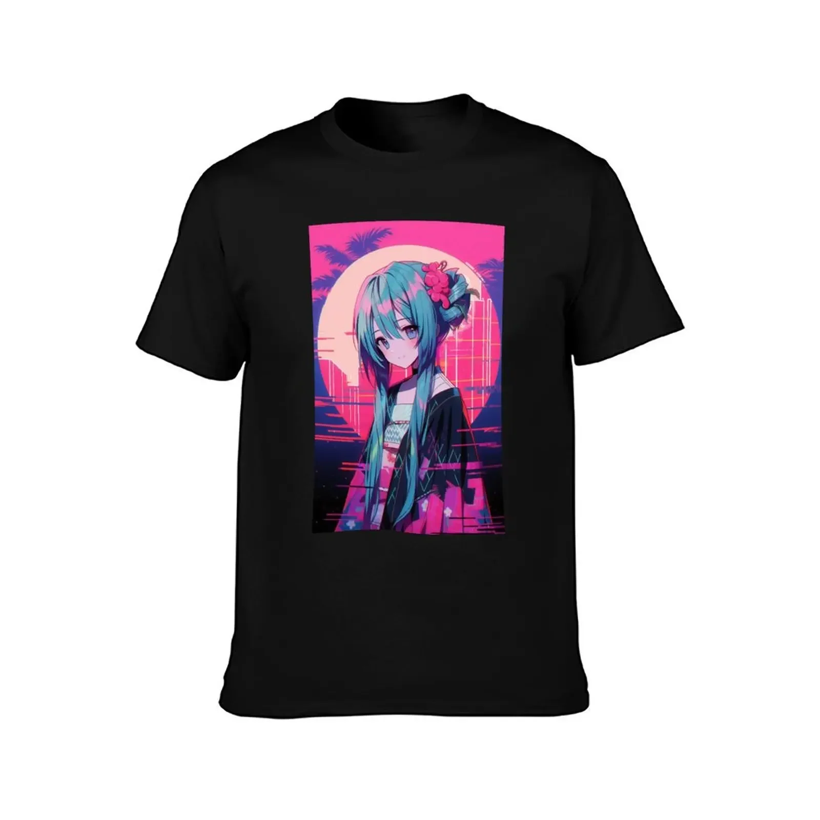 Synthwave Glitch Style Anime Girl T-Shirt oversized t shirt graphic shirts customs boys animal print mens designer clothes