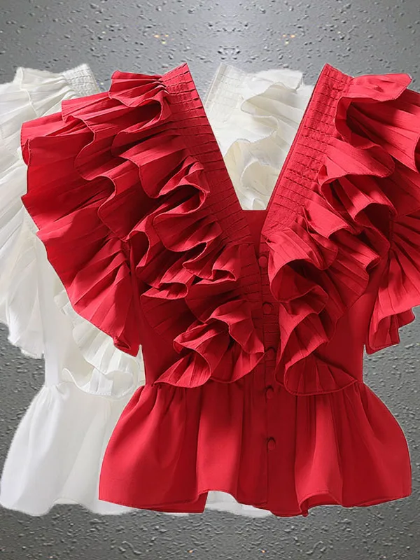 

Red V-neck Shirt Women's Spring 2026 New Waist-cinching Design Sensation Gored Elegant Top Sweet Style Slim Fit Short Le...