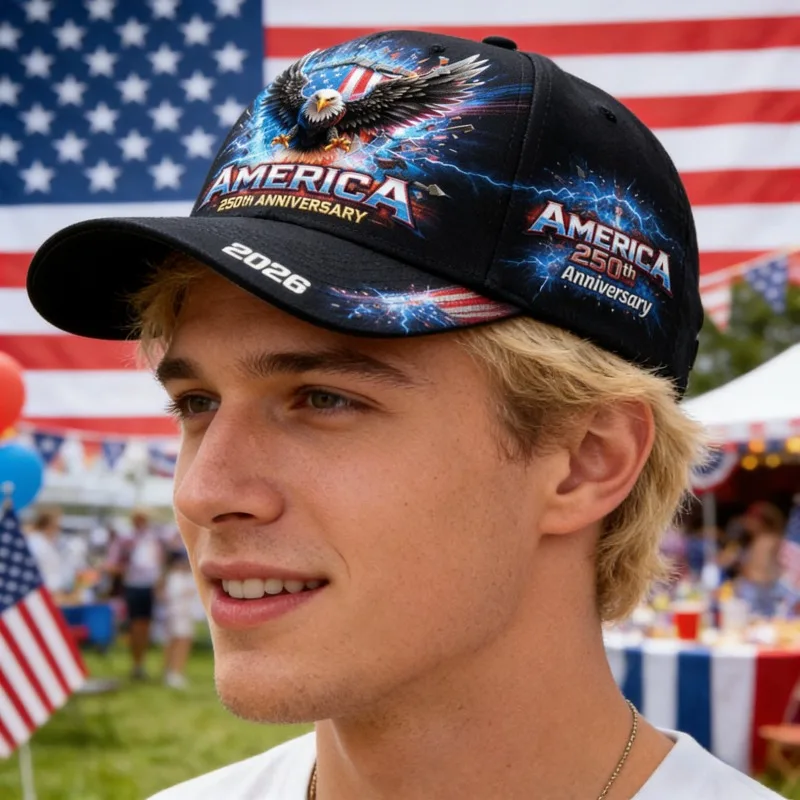 A Hat Commemorating The 250Th Anniversary of America'S Founding, Featuring a Bald And Lightning Design. This Unisex Baseball Cap