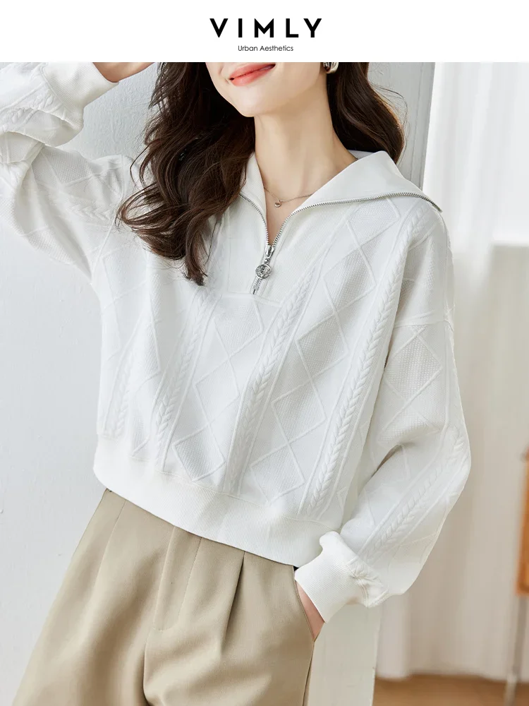 

Vimly Texture Jacquard White Sweatshirts for Women 2024 Spring Fashion Half Zip Lapel Drop Long Sleeve Top Female Clothing M2558