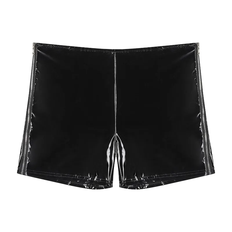 Plus Size 5XL Men\'s Leather Side Zipper Shorts Elastic Fashion PVC Leather Short Pants Dance & Party