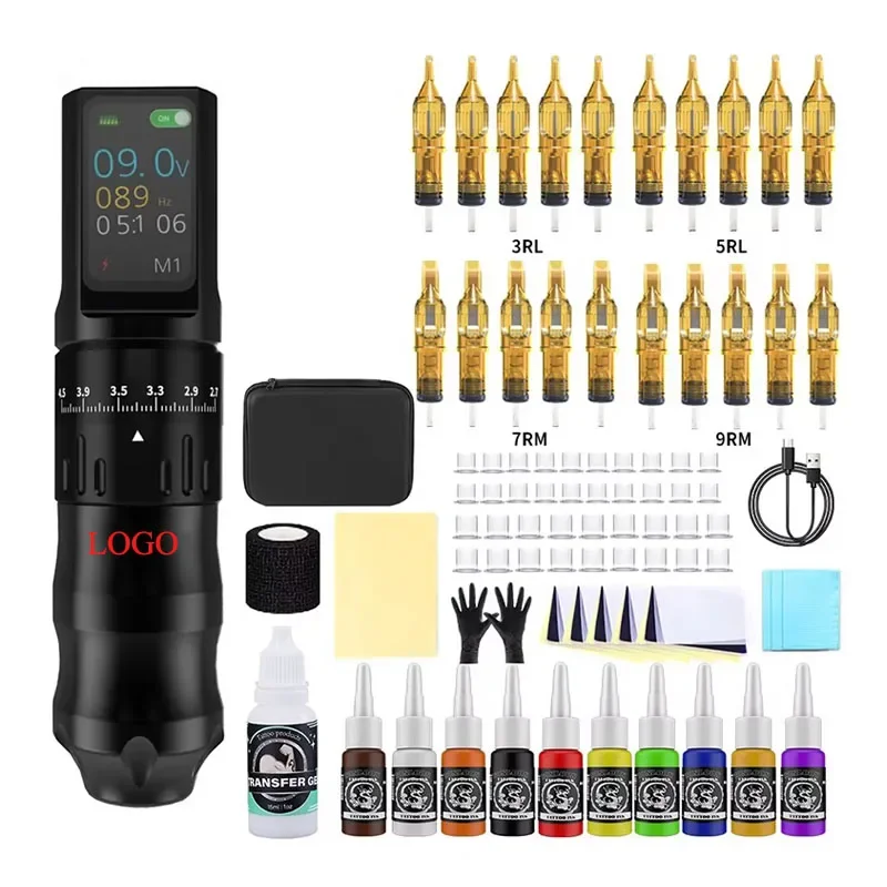 

Newest Battery Rotary Tattoo Machine Kit Wireless Tattoo Machine Set with Cartridge Needles Gloves Non-slip Band for Practice
