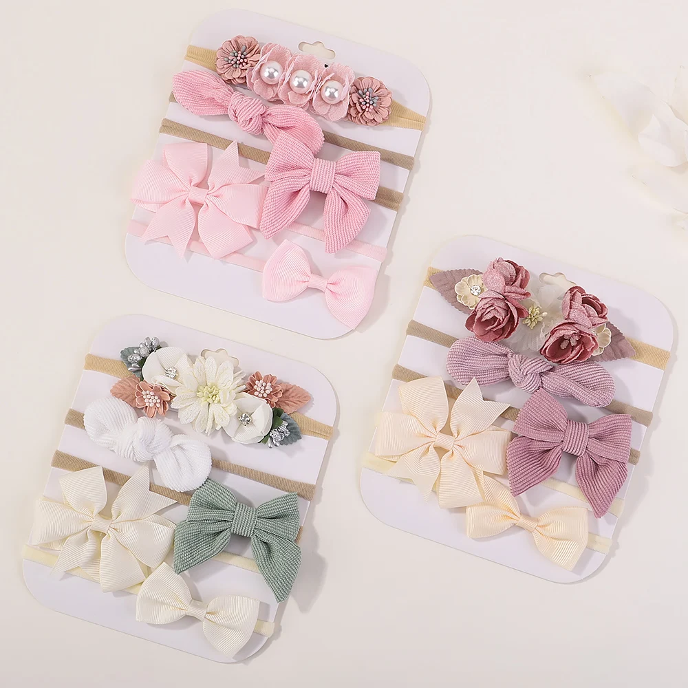 Sweet Elastic Headbands for Baby Girl New Bowknot Knit Nylon Headbands 5Pcs/set Pretty Flower Hairbands Decoration Headwear