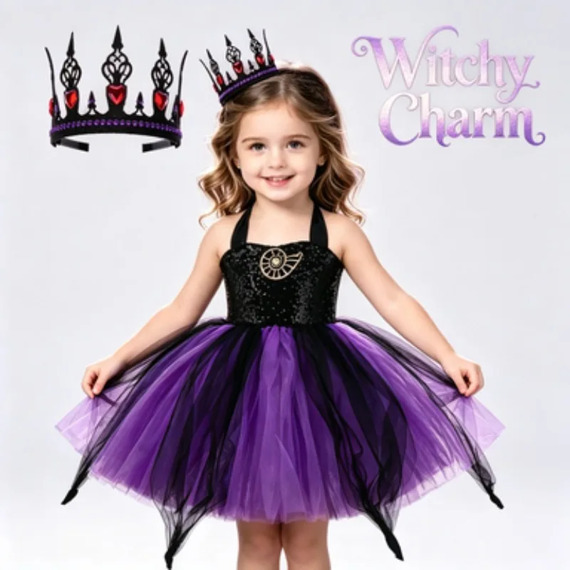 European & American Style Purple-Black Tulle Tutu Dress Set for Girls, Elegant Princess Dress & Clothes for Stage Performances