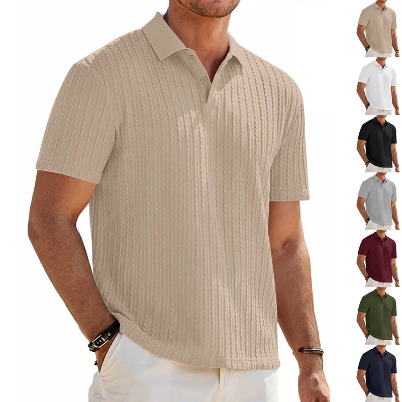 Men Vertical Twisted Cable Texture Lapel Collar 2 Buttons Short Sleeve Polo Shirt Casual Summer Golf Top