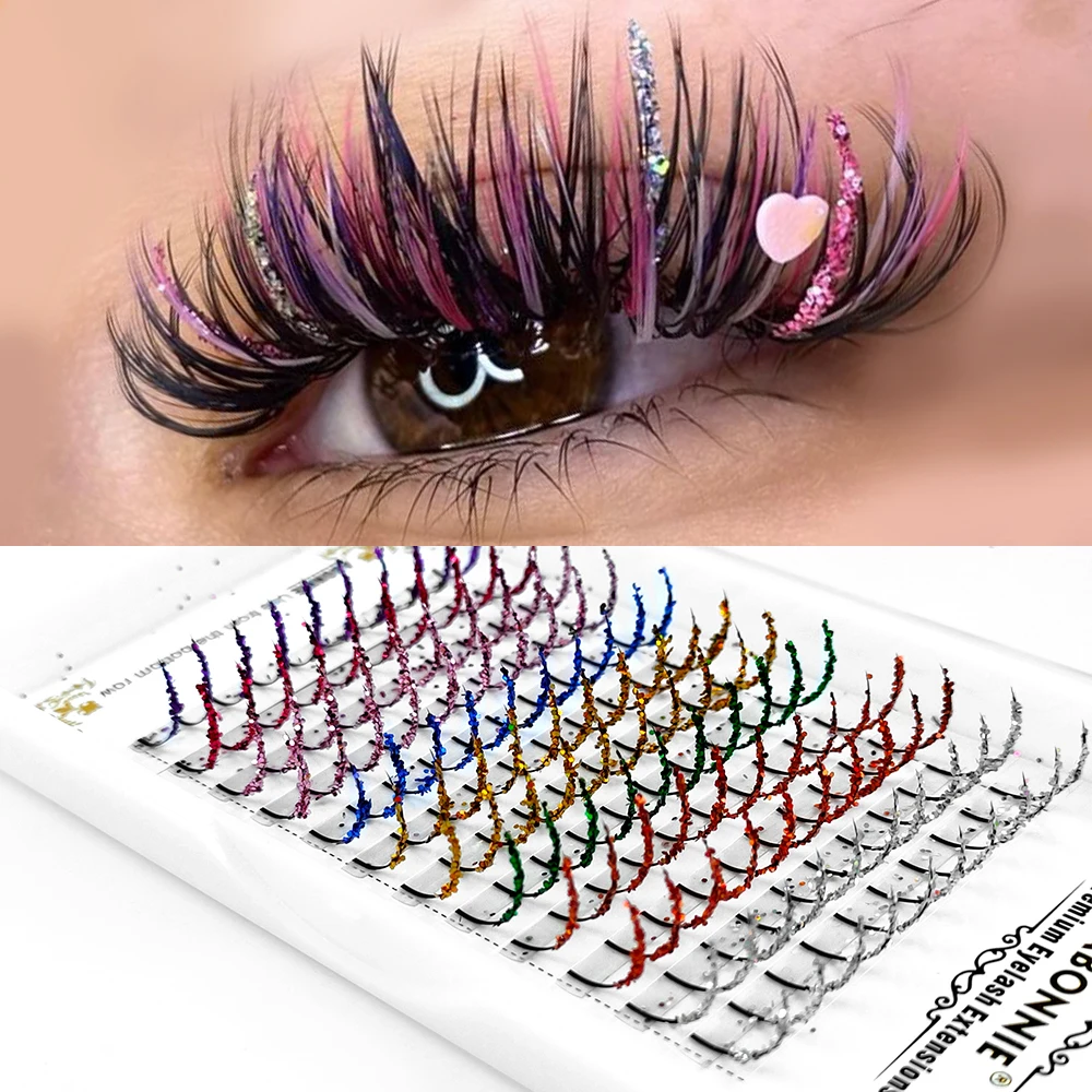 Abonnie 12Rows Ombre Gradient Color Eyelash Extension Mix Colored Glitter Spikes Fairy Eye Lashes Faux Cilios