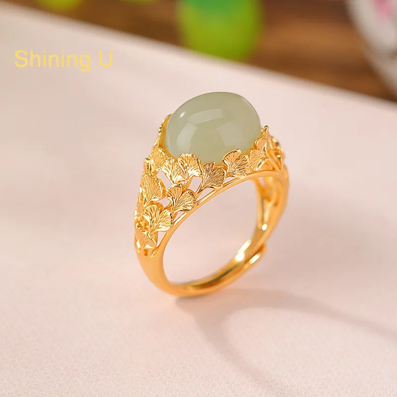 Shining U S925 Silver Hetian Jade Open Ring for Women Fine Jewelry New Chinese Style Gift