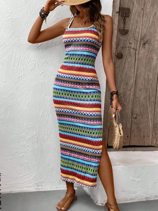 2024 Summer New Women's Personalized Street Fashion Casual Printed Striped Sleeveless Square Neck Dress