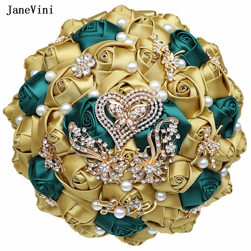 

JaneVini New Customized Elegant Dark Green Gold Bridal Bouquets Artificial Satin Roses Crystals Pearls Wedding Bouquet Flowers