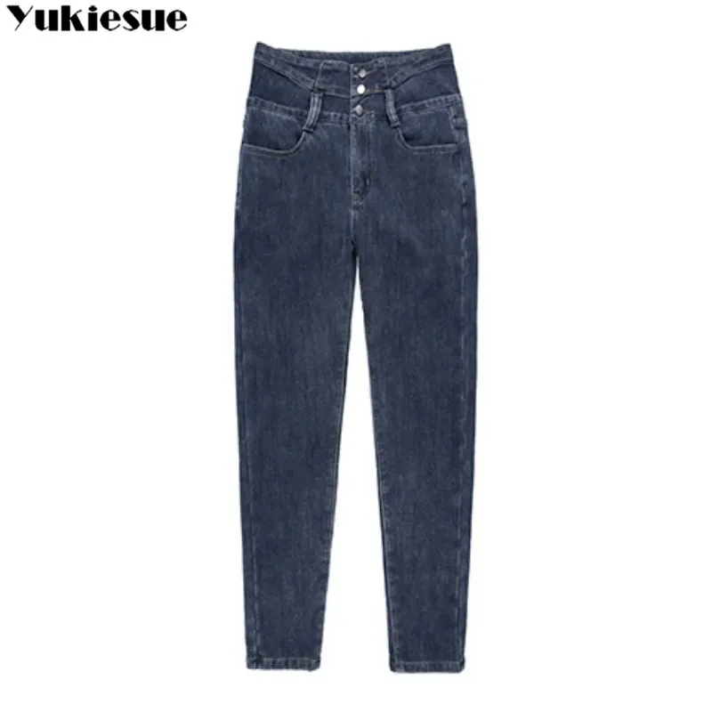 2022 hiver chaud mode coupe ajustée Stretch dames décontracté Denim crayon pantalon épais HarajukuWomen taille haute jean maigre polaire