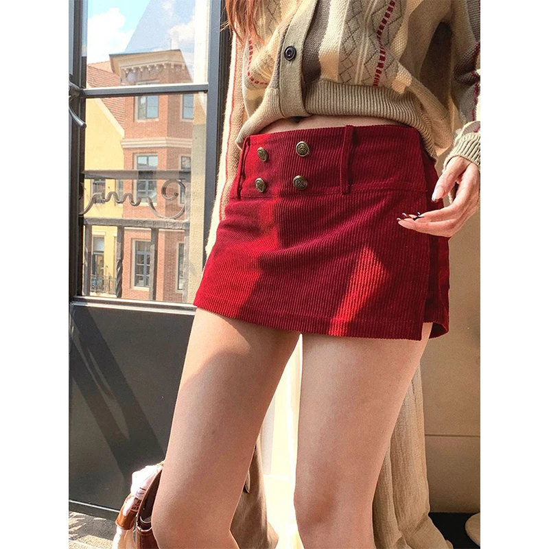 

MEXZT Vintage Corduroy Mini Skirt Women Y2K Harajuku Sexy Red Hip Wrap Shorts Skirts Autumn Streetwear Grunge High Waist Faldas
