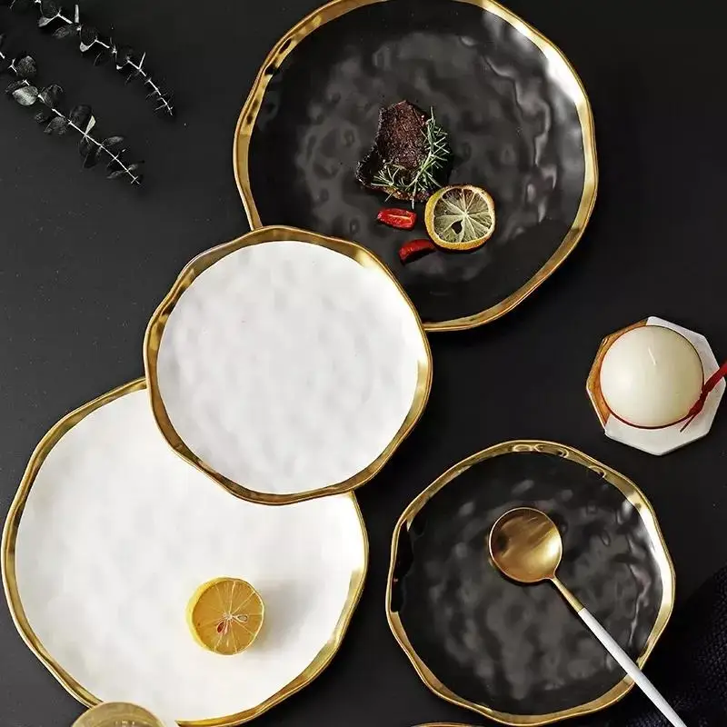 Nordic Black Ceramic Plate Fruit Salad Dessert Christmas Plates Display Dish Porcelain Dinner Sets Party Round Trays Decorative
