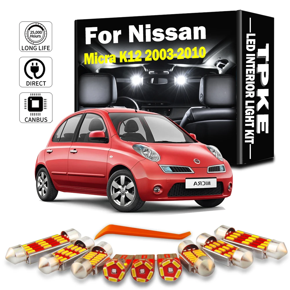 TPKE 10Pcs LED Interior Light Kit For Nissan Micra K12 2003 2004 2005 2006 2007 2008 2009 2010 Car Dome Map License Plate Bulb
