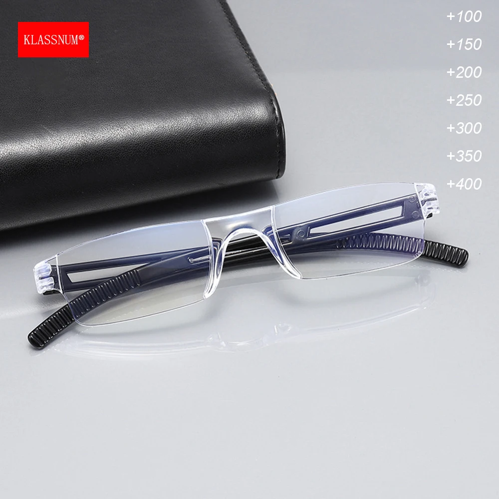 KLASSNUM Frameless Reading Glasses Men Anti Blue Light Computer Magnifying Glasses Anti Fatigue Presbyopic Glasses Optical +1-+4