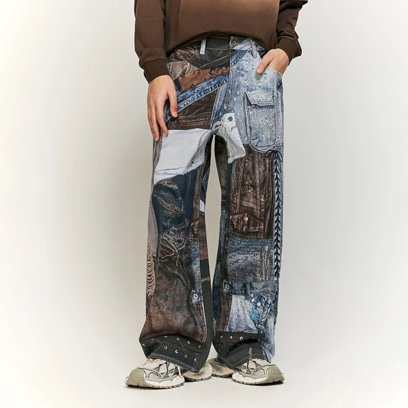 

American Street Vintage Patchwork Digital Printed Jeans Male and Female Trendy Brand Loose Wide Leg Fashion High-End Trousers