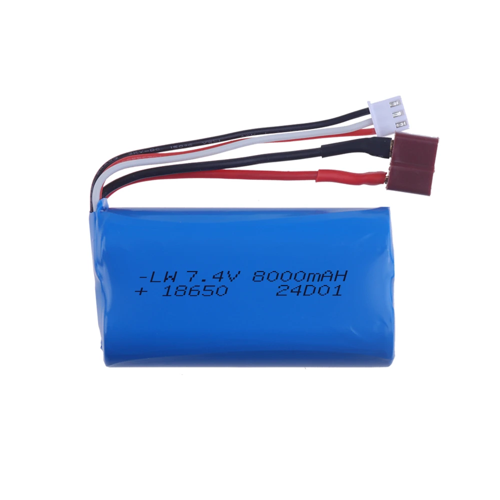 Mise à niveau de la batterie 7.4V 18650 8000MAH pour Wltoys 10428/12428/12423/Q46 RC, pièces de rechange de voiture avec chargeur, prise T 7.4V pour voiture électrique