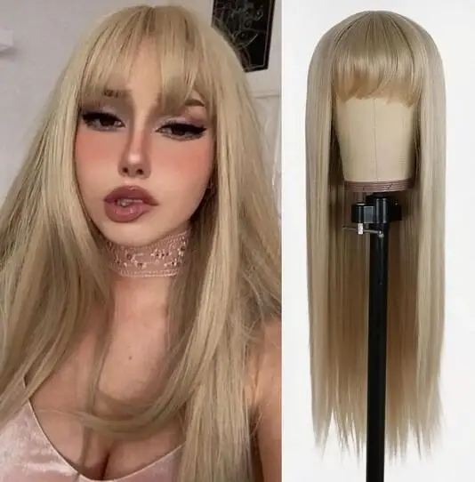 

Blonde Long Straight Wig With Heat Resistant Fiber Synthetic Hair With Bangs Fashion Women's Party Cosplay Headgear