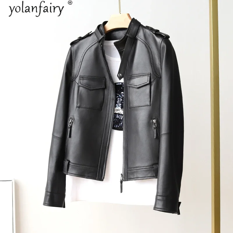 YOLANFAIRY-Chaqueta de piel auténtica para Mujer, abrigo de piel de oveja auténtica para motocicleta, primavera y otoño, 100%, 2020