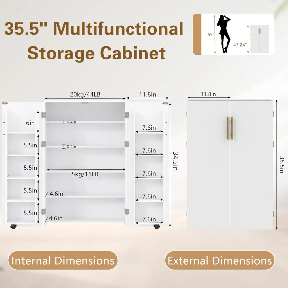 35.5” Small Kitchen Pantry Storage Cabinet with 2 Doors and Adjustable Shelves, Food Storage Freestanding Cupboard