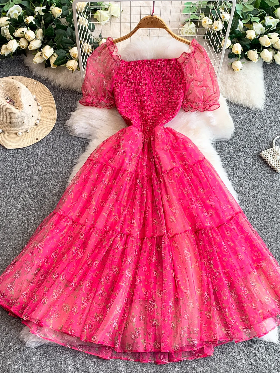 Princ Sle Sweet Floral Print Square Ne Bubble Sve Dr Women's Autumn Winter Slimming A-Line Long Dr with Hem