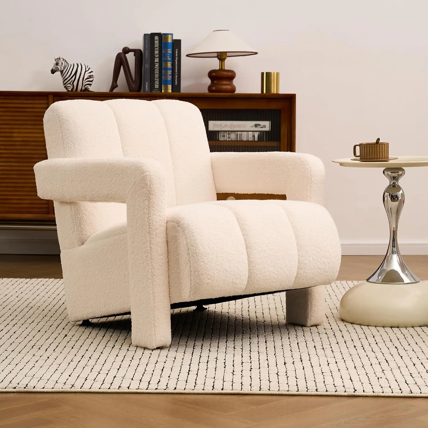 Mid Century Upholstered Accent Chair, Comfy Boucle Armchair for Living Room & Bedroom Lounge Reading, Ivory, Customized