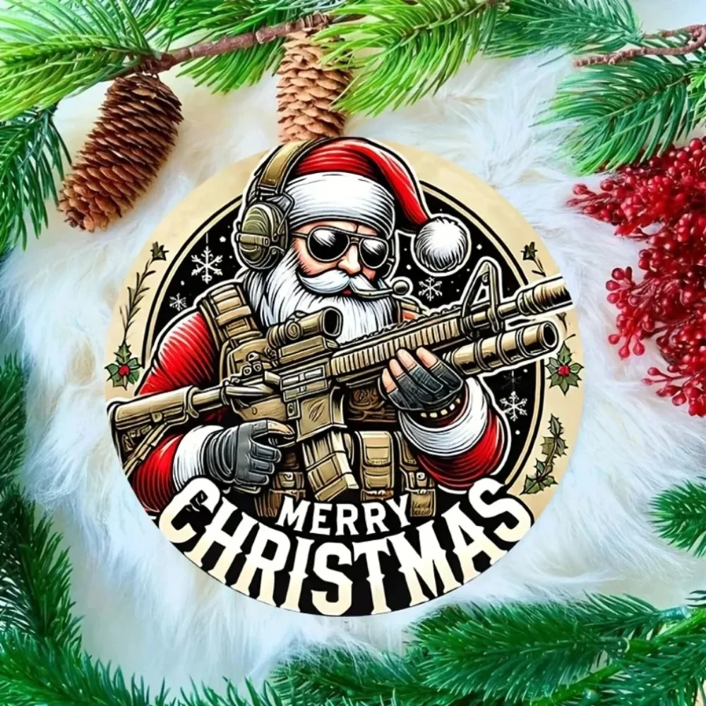 Vintage Tactical Santa Claus Holding a Assault Rifle and Headphones, Round Metal Tin Sign – 2D Flat Product Design, Enhances Three-Dimensionality