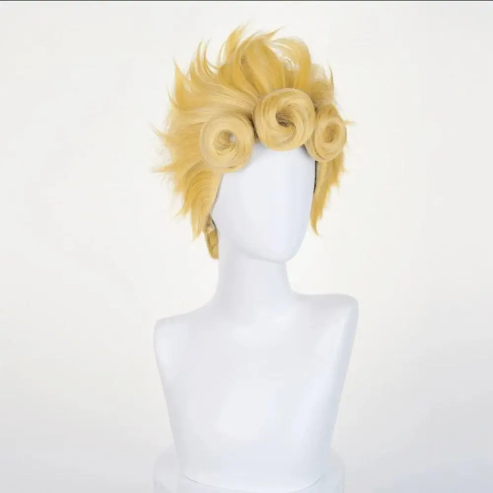 Giorno Giovanna Cosplay Wig Anime Character Golden Slicked Back Hair with Hairband Style Rose Net Heat Resistant Synthetic Fiber