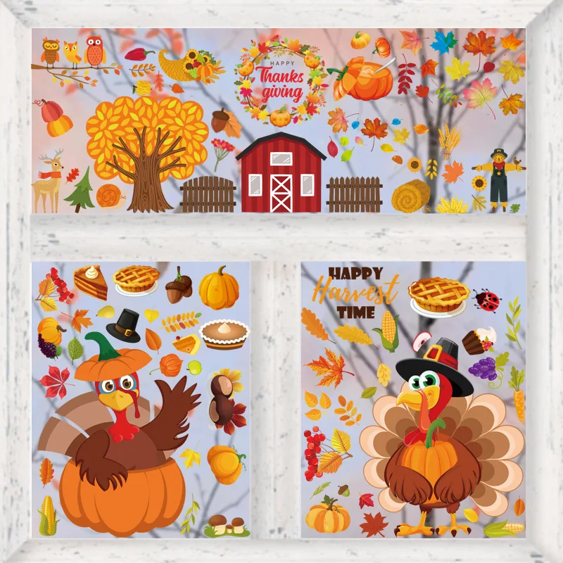 Thanksgiving Turkey Stickers Pumpkin Maple Leaf Creative Electrostatic Stickers Thanksgiving Glass Window Decor Wall Stickers