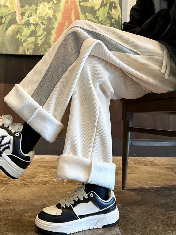 

Мужские зимние брюки из вельвета на флисовой подкладке, широкие повседневные брюки в американском стиле, утепленные спортивные штаны с пэчворком