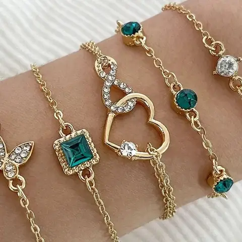Conjunto de 5 uds de pulseras de piedra de cristal verde con corazón Hallow Out para mujer, conjunto de pulseras para niñas con diamantes de imitación de mariposa de Color dorado