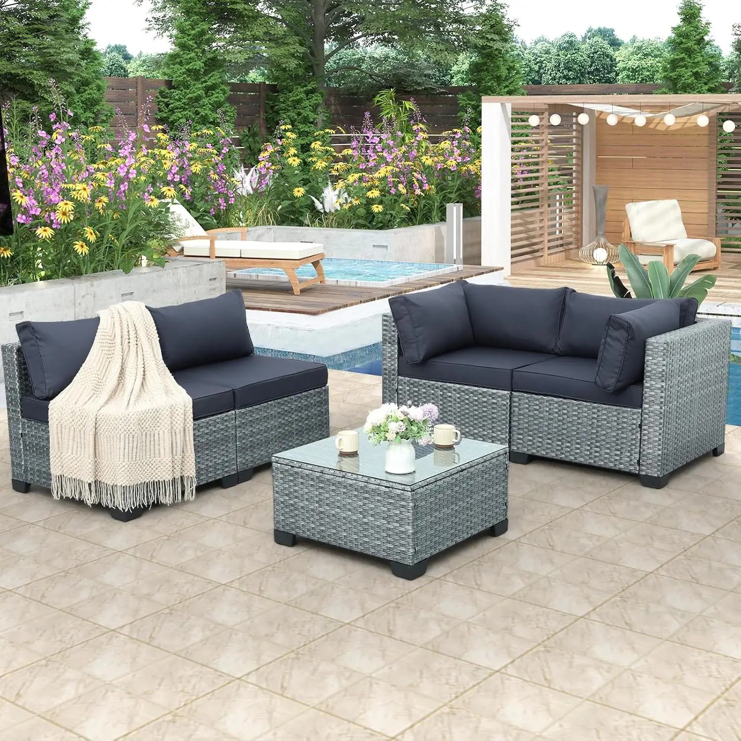 Set di 5 PatioFurniture da esterno divano da conversazione in vimini PE, divano componibile in Rattan con tavolino e cuscino lavabile