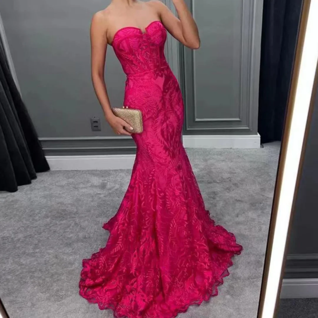 

Sexy Hot Pink Long Women Party Prom Gowns Elegant Fuchsia Lace Appliques Mermaid Evening Dress 2025 Customized