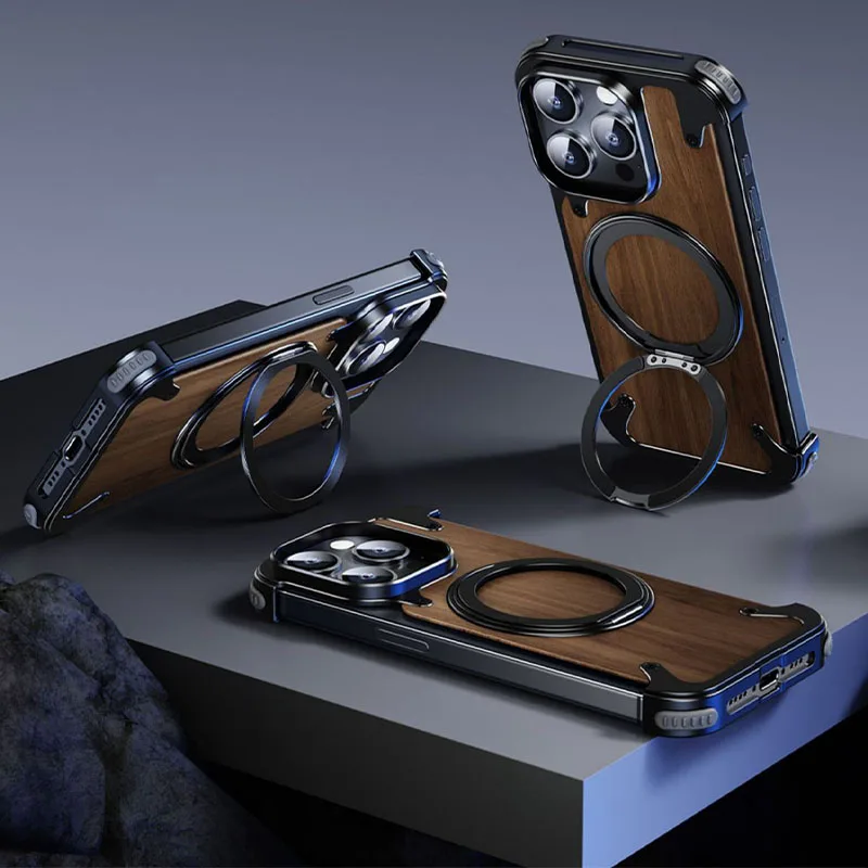 

360 ° Rotating Ring Stand Phone Case For iPhone 16 15 14 Pro Max Magnetic Safety Phone Stand Walnut Metal Frame Protective Case