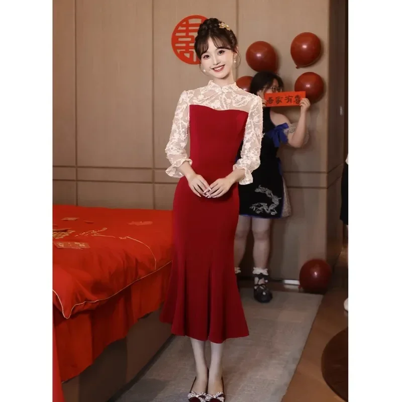 Vestido feminino de renda com peixe manga comprida, cheongsam doce emendado, vestidos de festa tradicional chinesa Qipao, outono, 2023