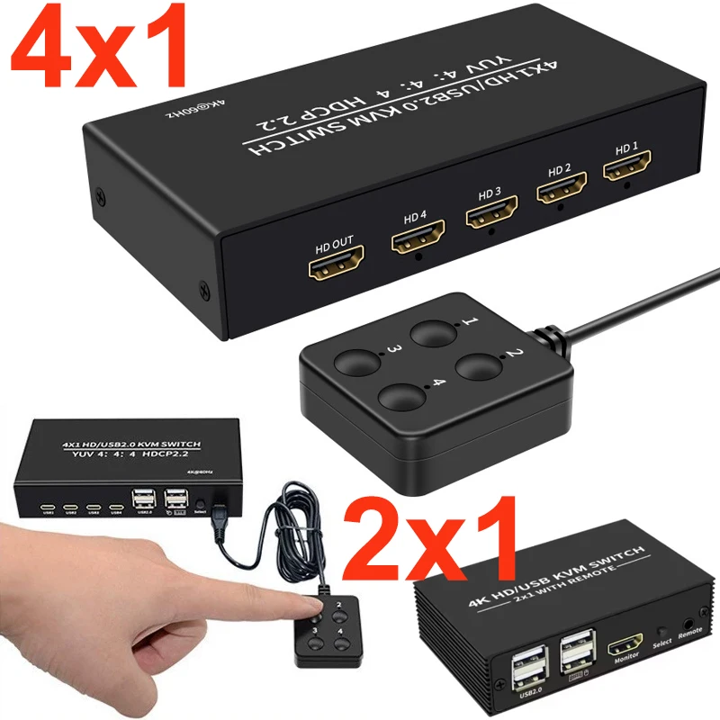 

4K 60 Гц 4x1 KVM-переключатель HDMI-совместимый коммутатор 4 в 1 выход YUV 4:4 HDCP2.2 4 USB 2.0 2x1 для 4 ПК Поделиться Монитор Мышь Клавиатура